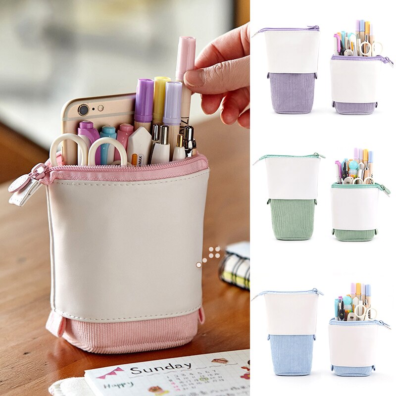 Pop-up Pencil Case Telescopic Holder Stationery Case PU Corduroy Stand-up Transformer Bag Large Capacity Gift for Kids Hot