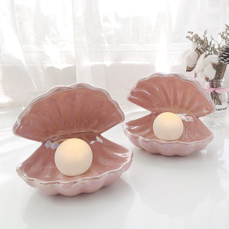 Ins Japanese Style Ceramic Shell Pearl Night Light Streamer Mermaid Fairy Shell Night Lamp For Bedside Home Decoration Xmas Gift